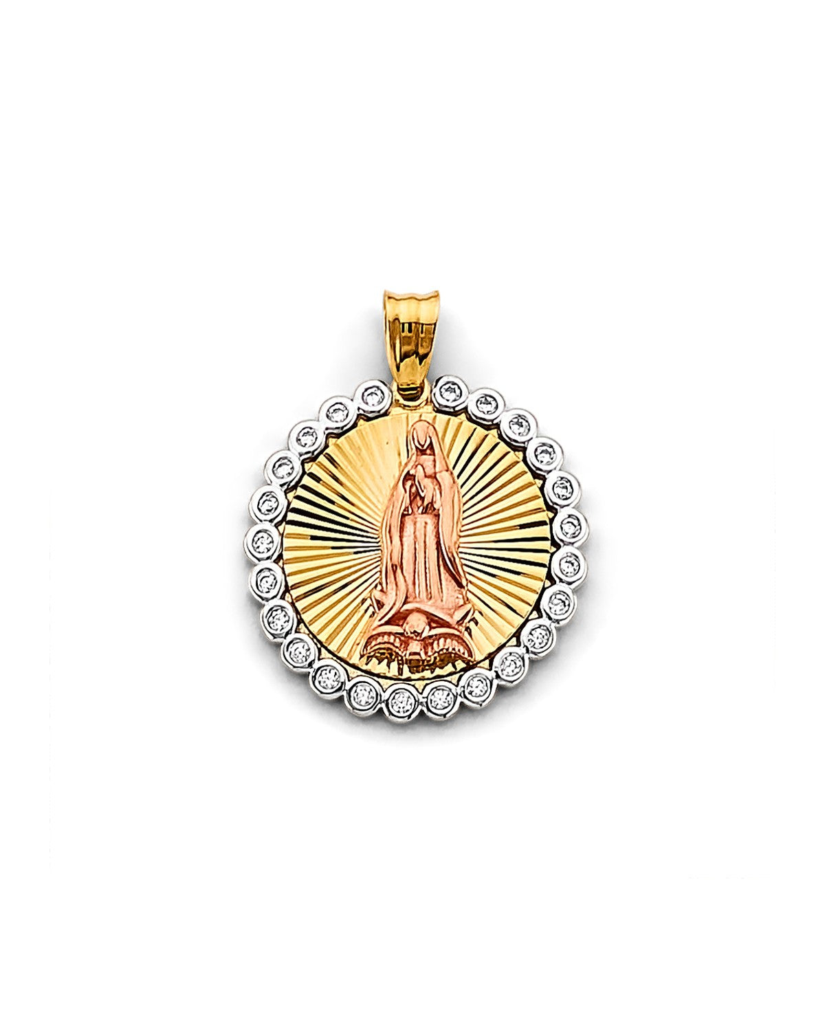 14K Tri-Color Gold 3C CZ Guadalupe Medal Pendant (PT-2892)