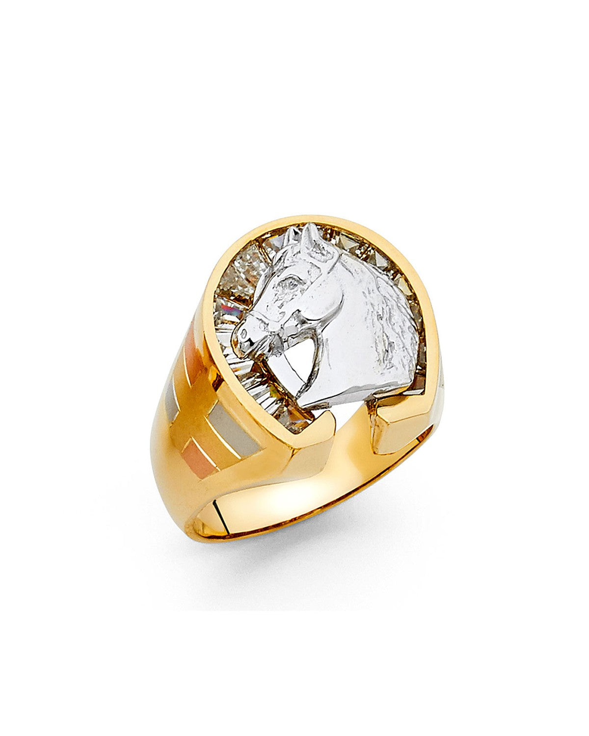 14K Two-Tone Gold 2T CZ Lucky Horse Shoe Men's Ring (RG-1401)