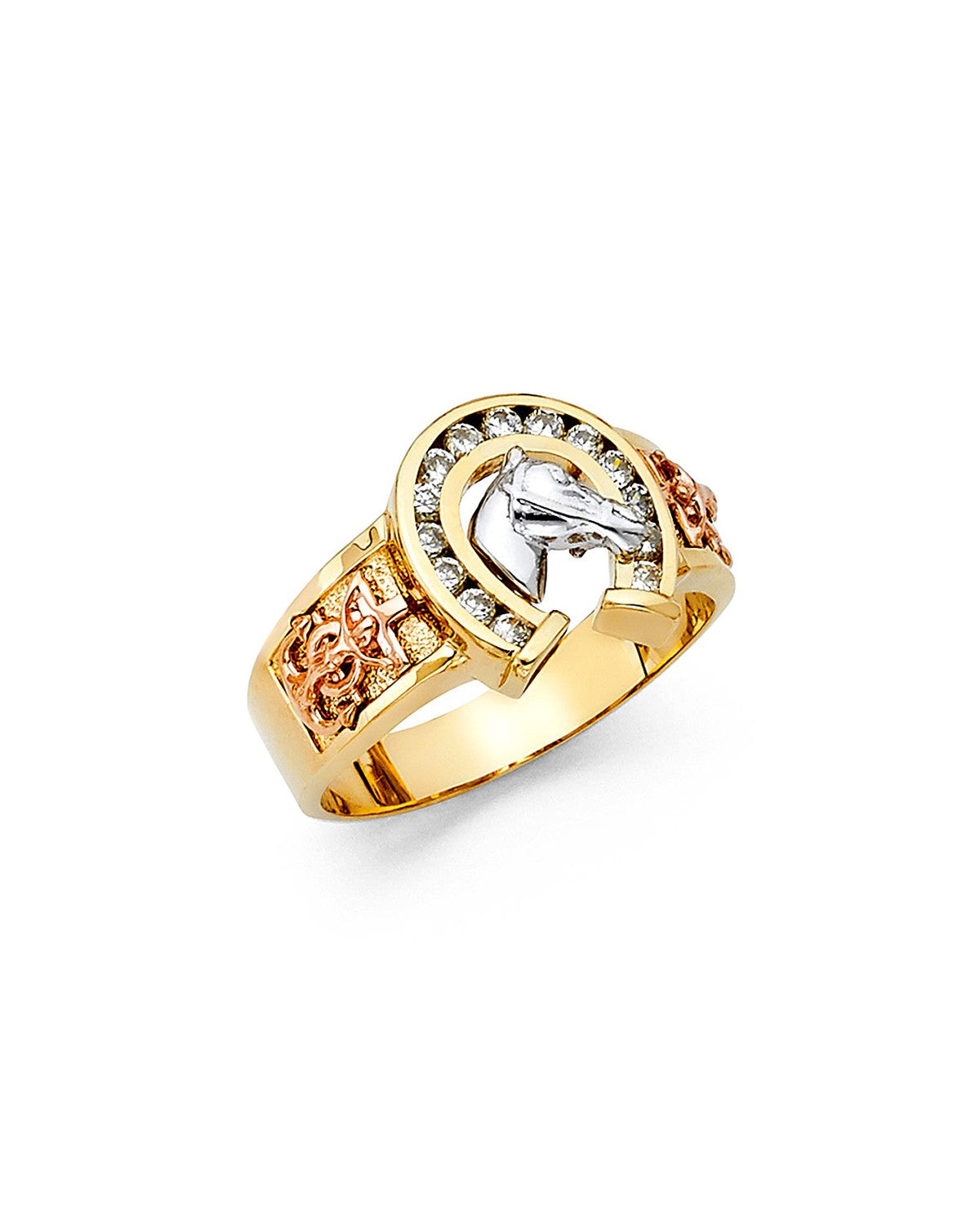 14K Tri-Color Gold 3C CZ Lucky Horse Shoe Men's Ring (RG-1415)