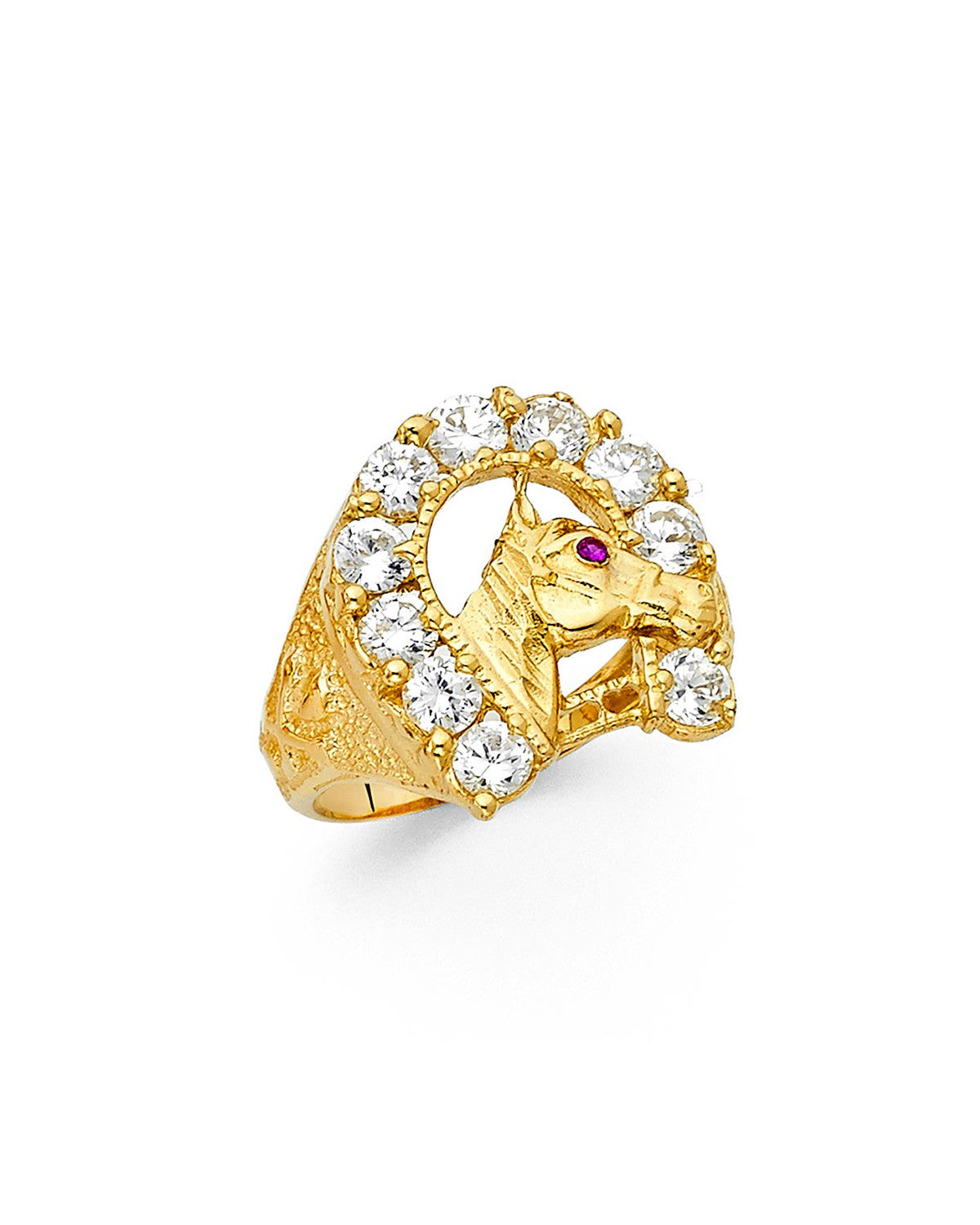 14K Yellow Gold CZ Lucky Horse Shoe Men's Ring (RG-1421)