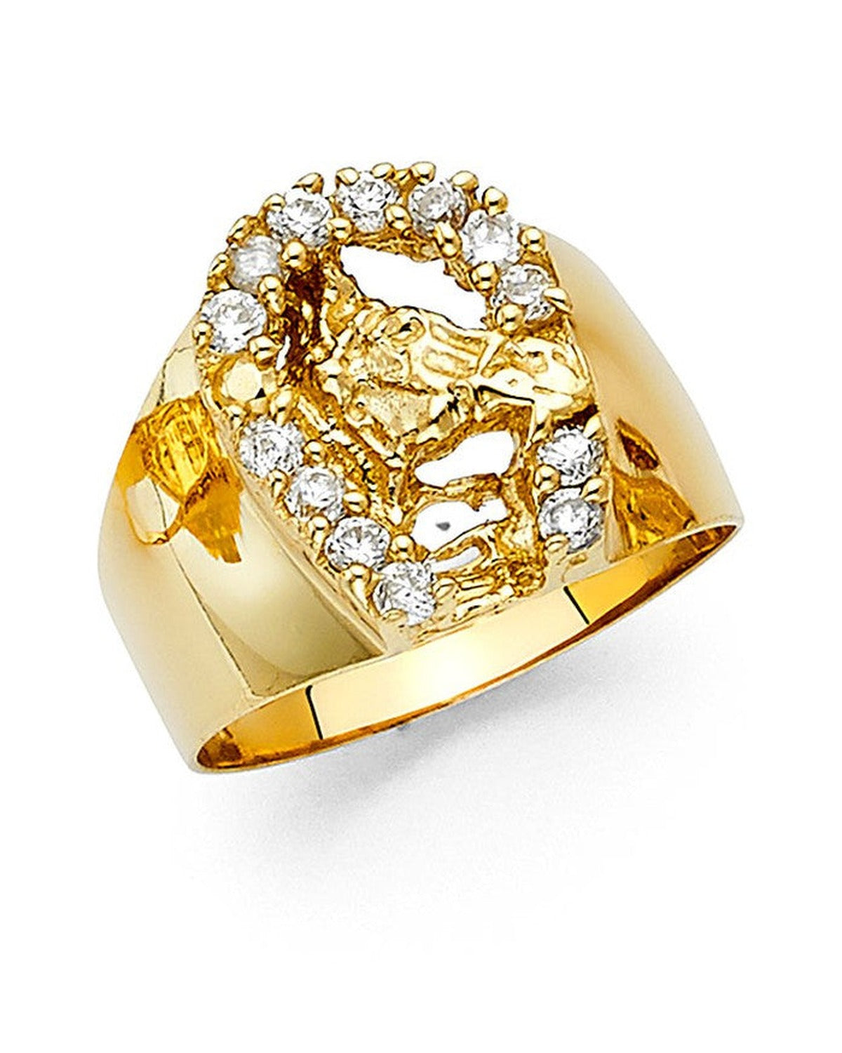 14K Yellow Gold CZ Lucky Horse Shoe Men's Ring (RG-1423)