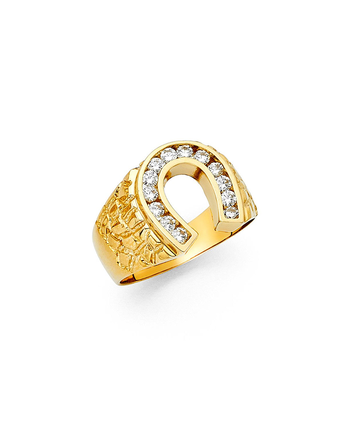 14K Yellow Gold CZ Lucky Horse Shoe Men's Ring (RG-1426)