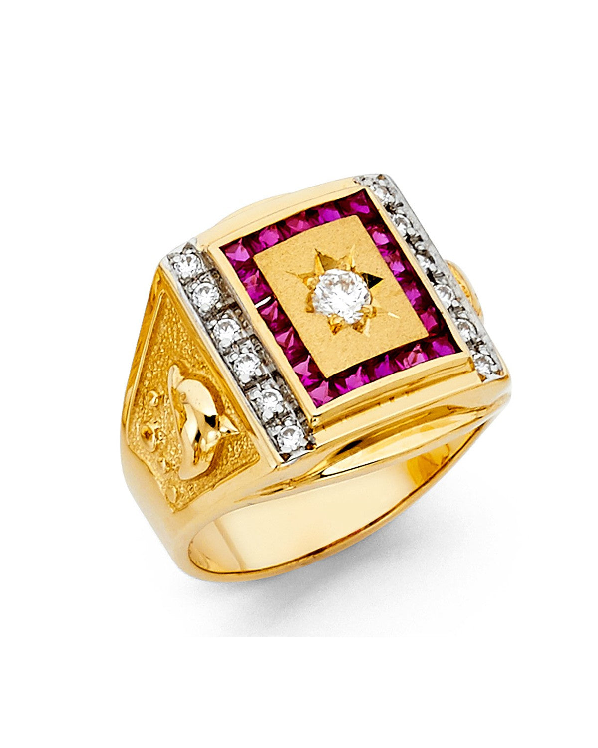 14K Yellow Gold CZ Men's Ring with Ruby (RG-1428)