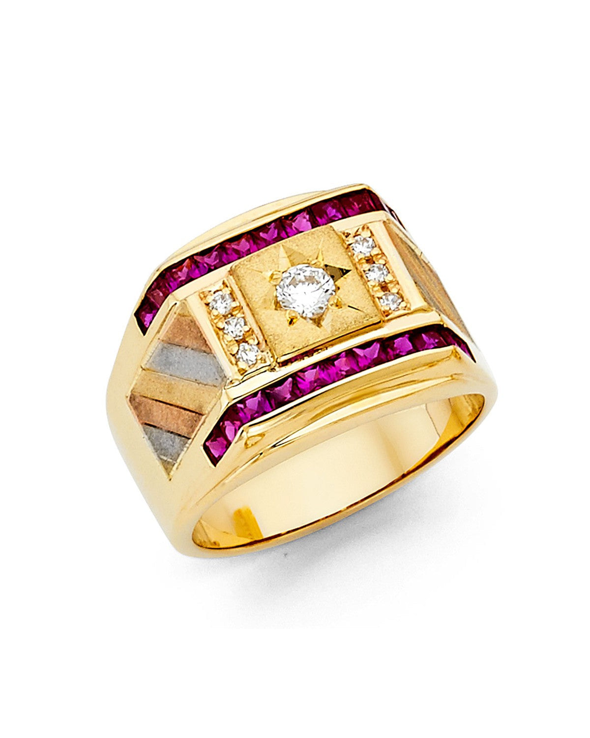14K Yellow Gold CZ Men's Ring with Ruby (RG-1432)