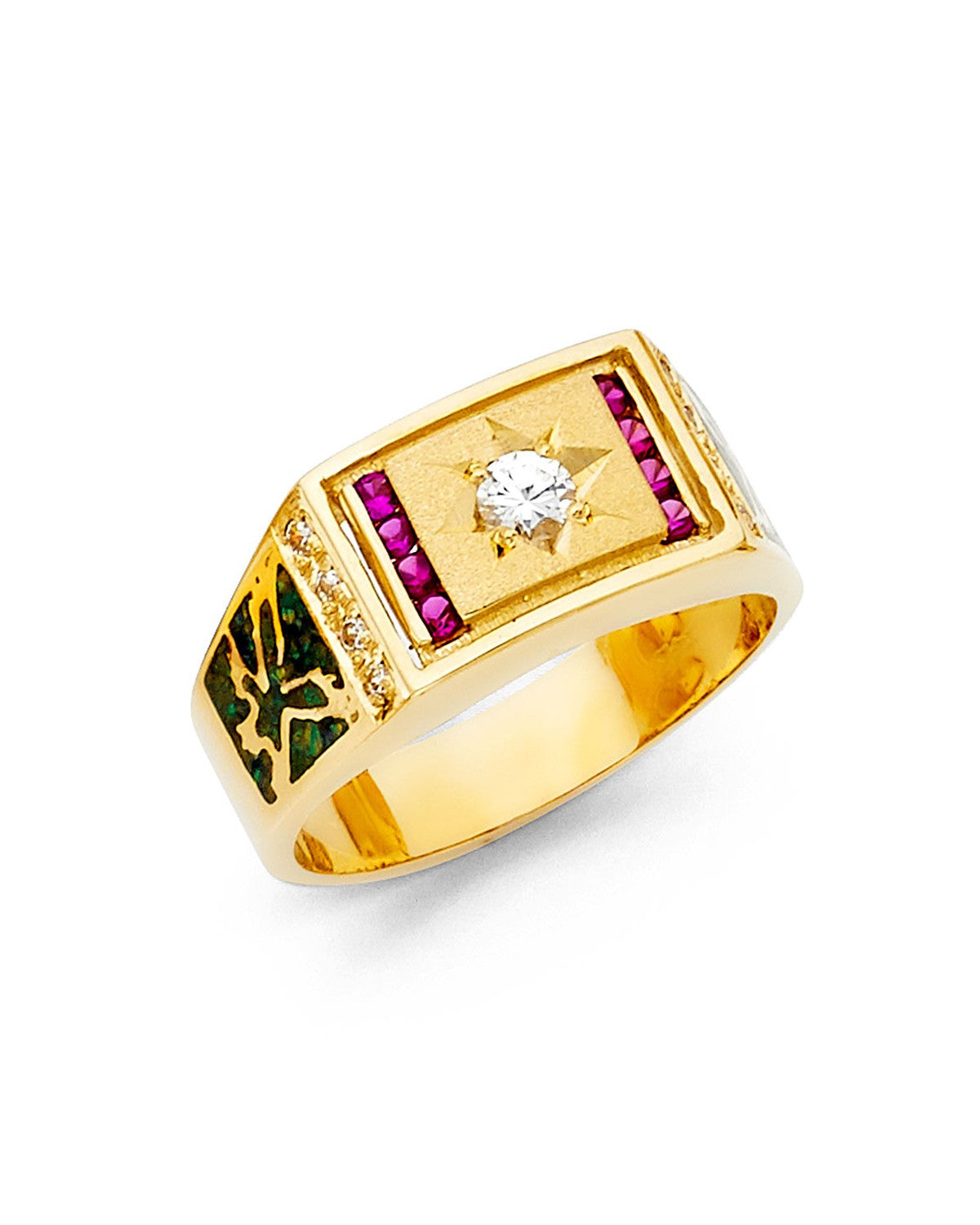 14K Yellow Gold CZ Men's Ring with Ruby (RG-1435)