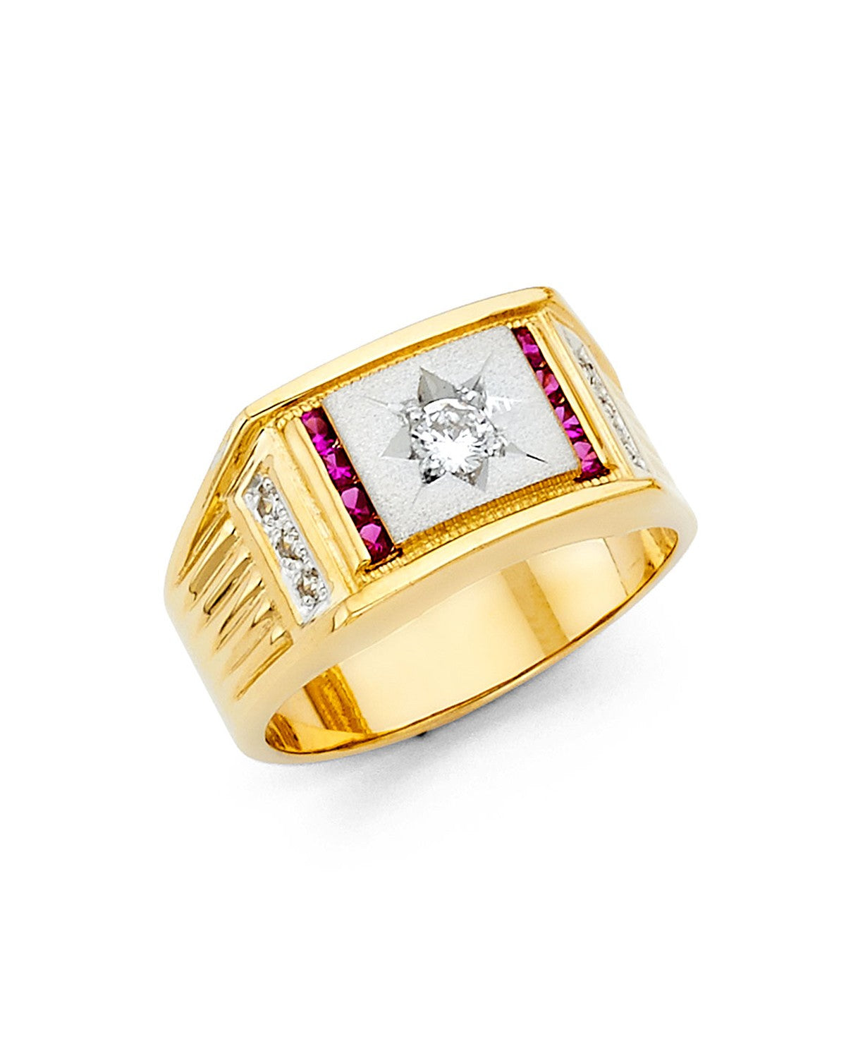 14K Yellow Gold CZ Men's Ring with Ruby (RG-1437)
