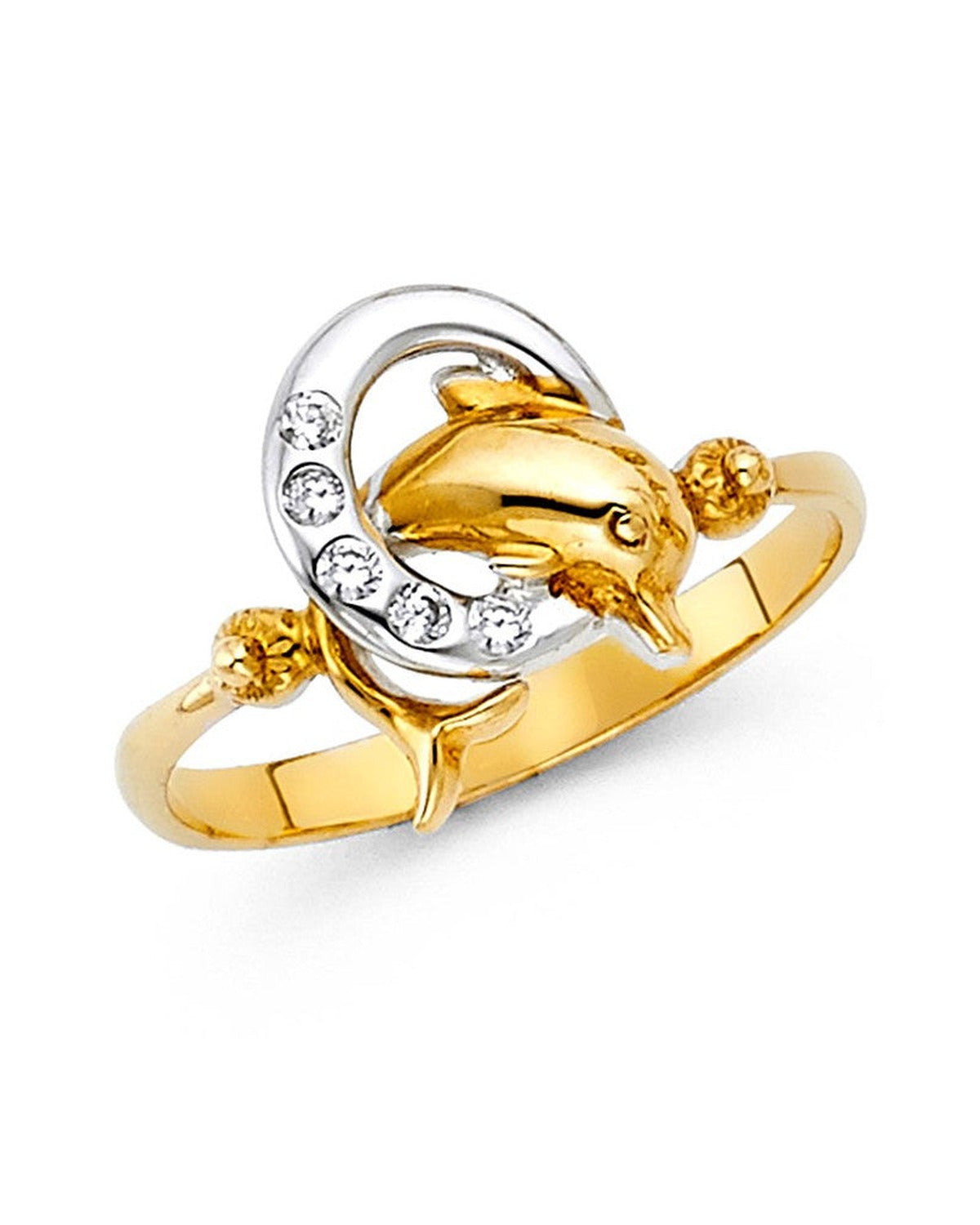 14K Tri-Color Gold 3C CZ Fancy Dolphin Ring (RG-1714)