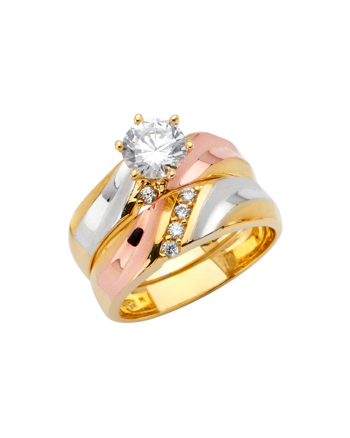 14K Tri-Color Gold 3C Ladies CZ Wedding Band/Trio Set (RG-2617)