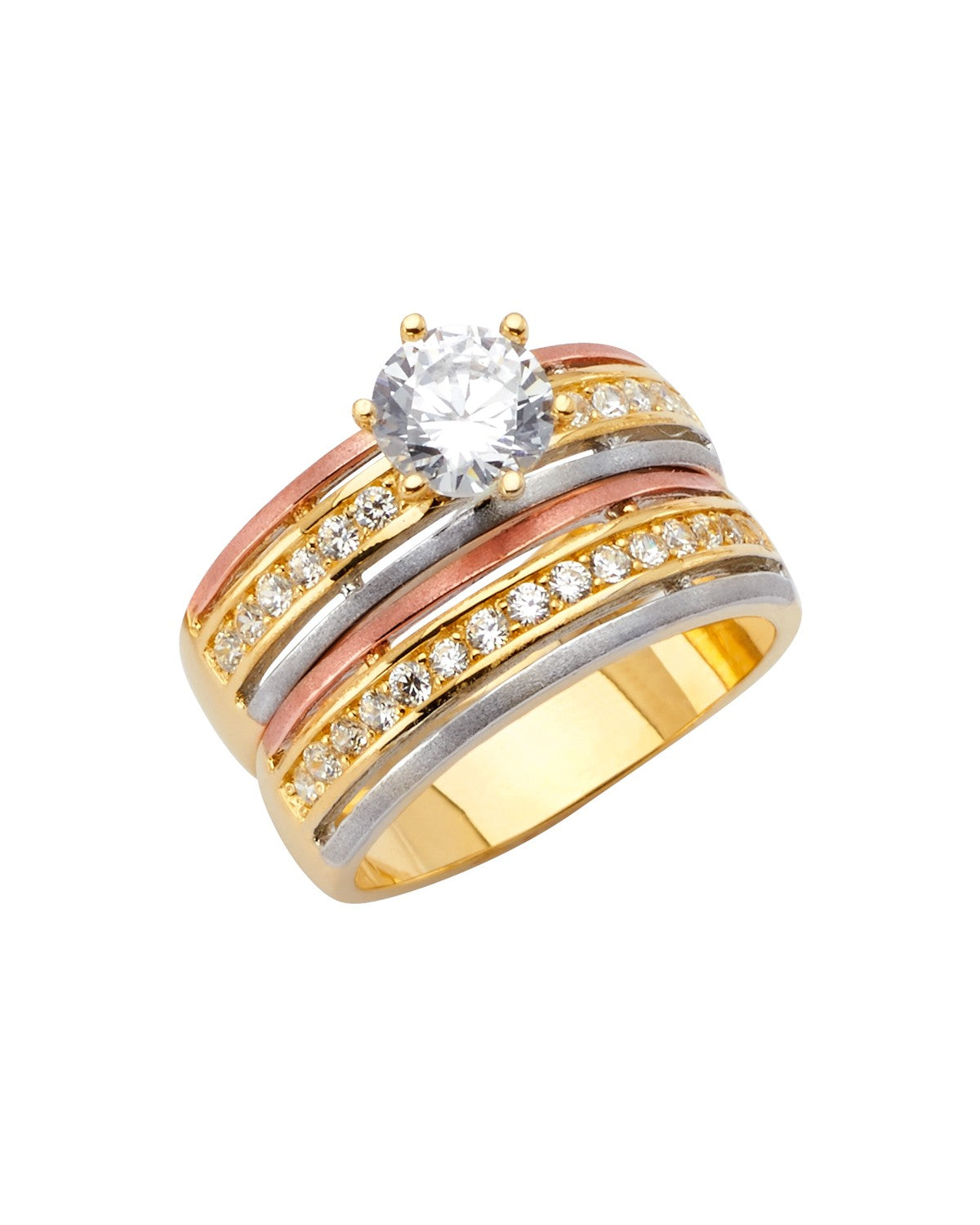 14K Tri-Color Gold 3C Ladies CZ Wedding Band/Trio Set (RG-2626)