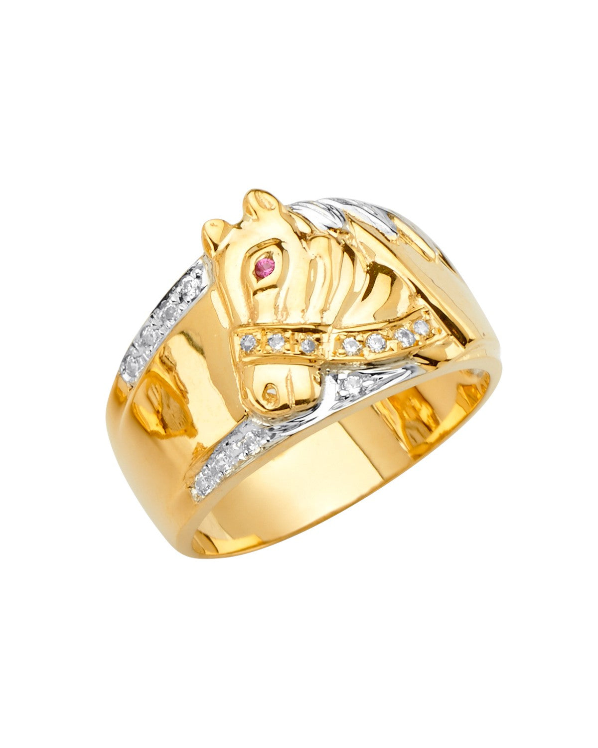 14K Tri-Color Gold 3C Men's CZ Ring with Horse (RG-2739)
