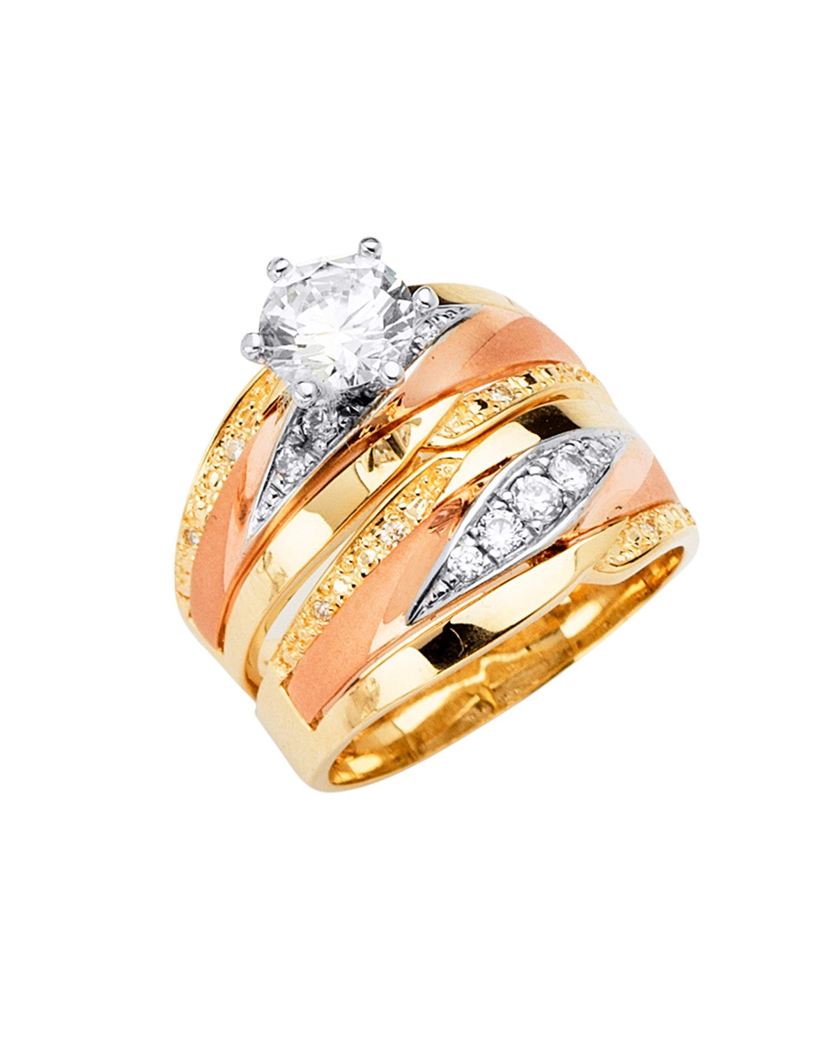 14K Tri-Color Gold 3C Ladies CZ Wedding Band/Trio Set (RG-2891)
