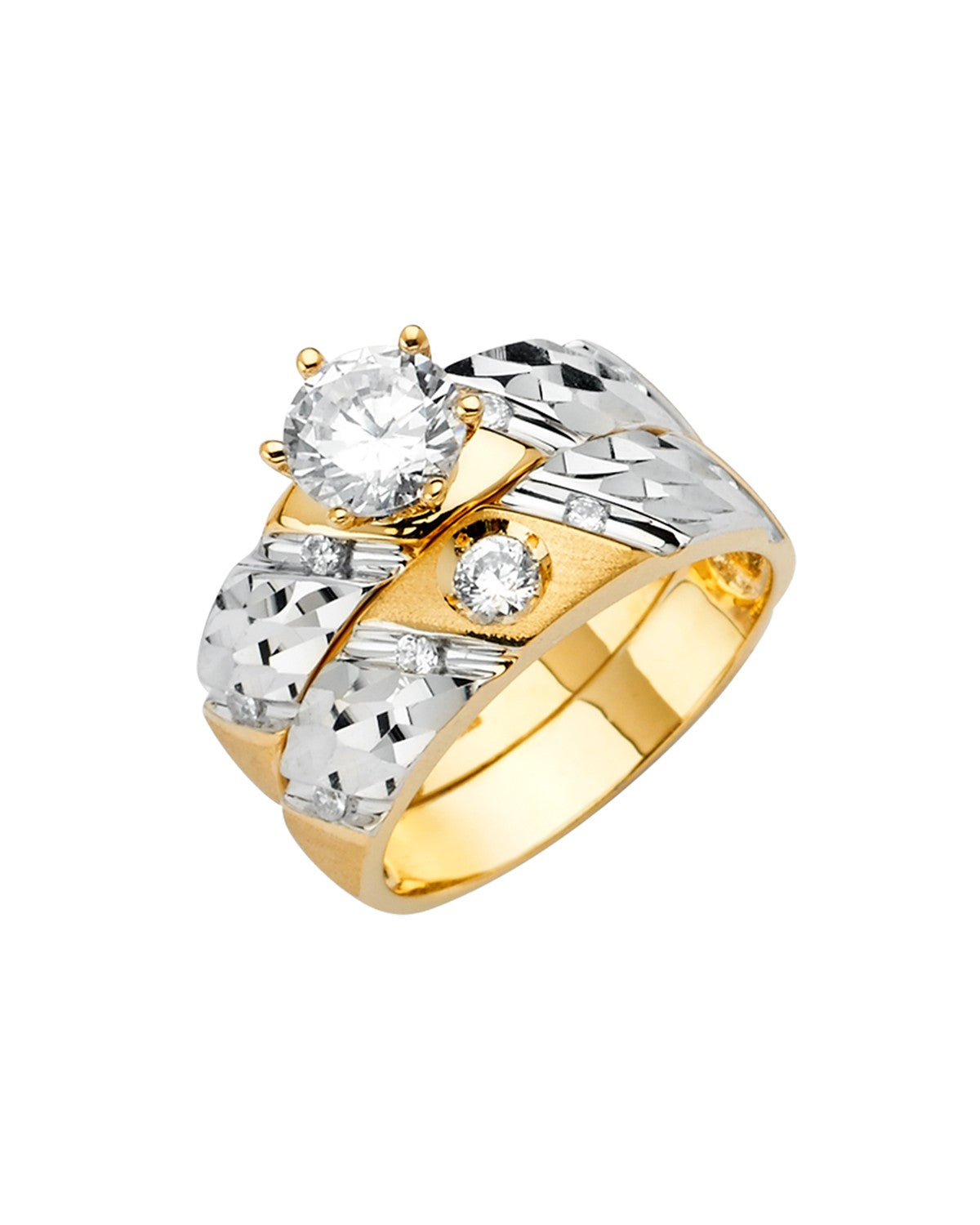 14K Two-Tone Gold 2T Ladies CZ Wedding Band/Trio Set (RG-2897)