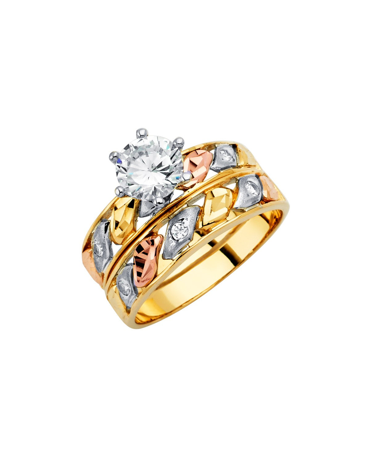 14K Tri-Color Gold 3C CZ Engagement Ring/Trio Set (RG-2929)
