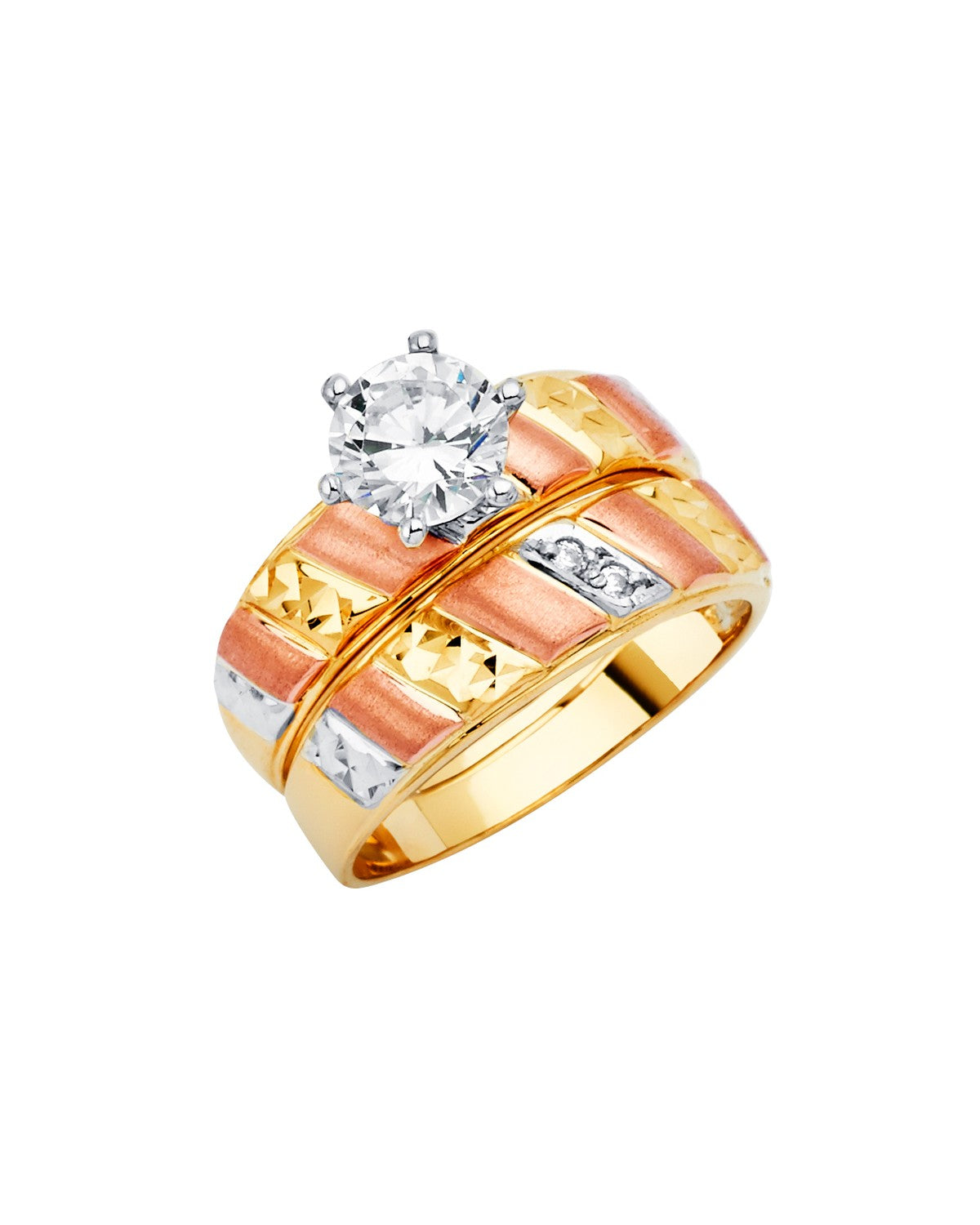 14K Tri-Color Gold 3C Ladies CZ Wedding Band/Trio Set (RG-2933)