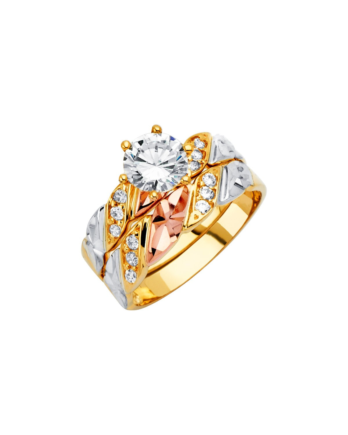 14K Tri-Color Gold 3C CZ Engagement Ring/Trio Set (RG-2935)