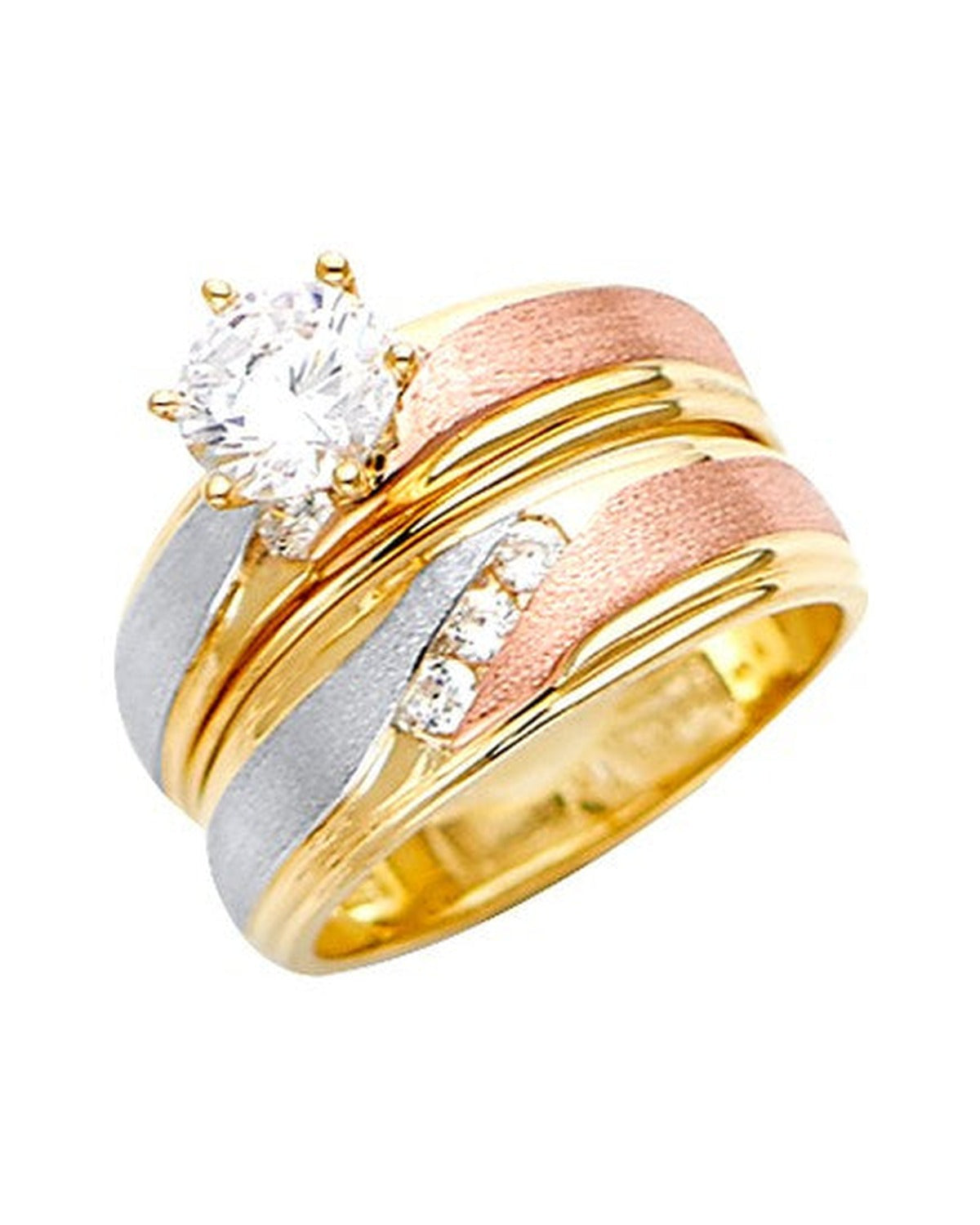 14K Tri-Color Gold 3C Ladies CZ Wedding Band/Trio Set (RG-2957)
