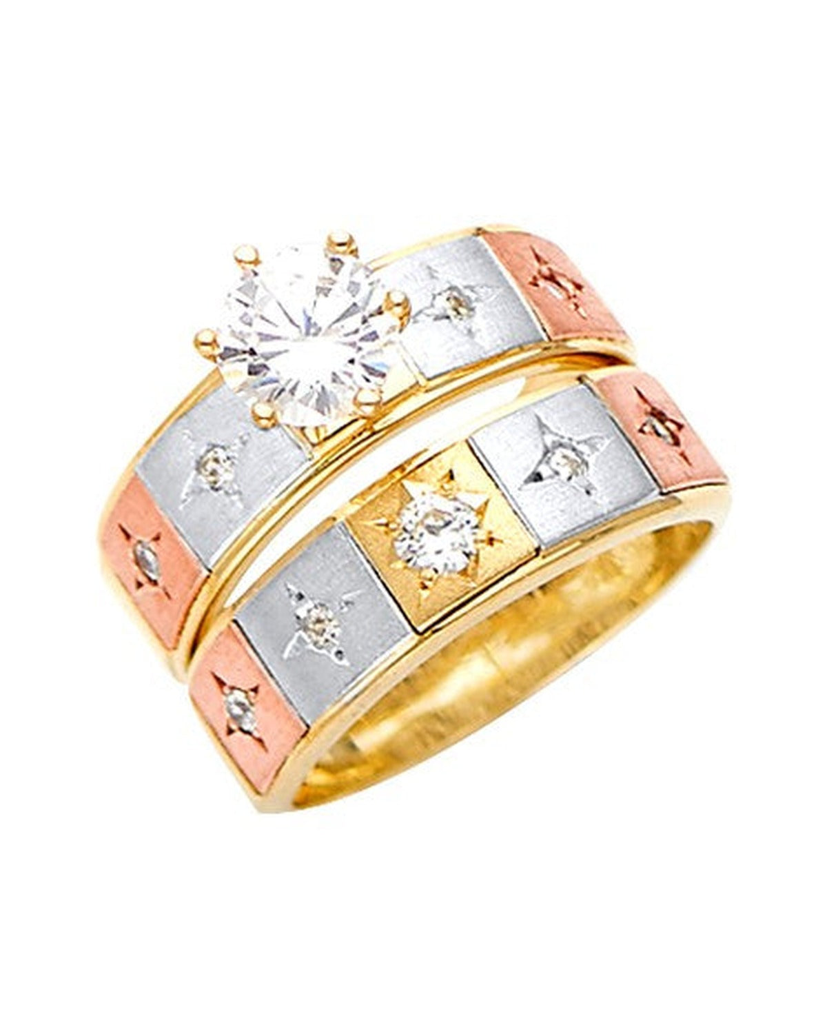 14K Tri-Color Gold 3C Ladies CZ Wedding Band/Trio Set (RG-2960)