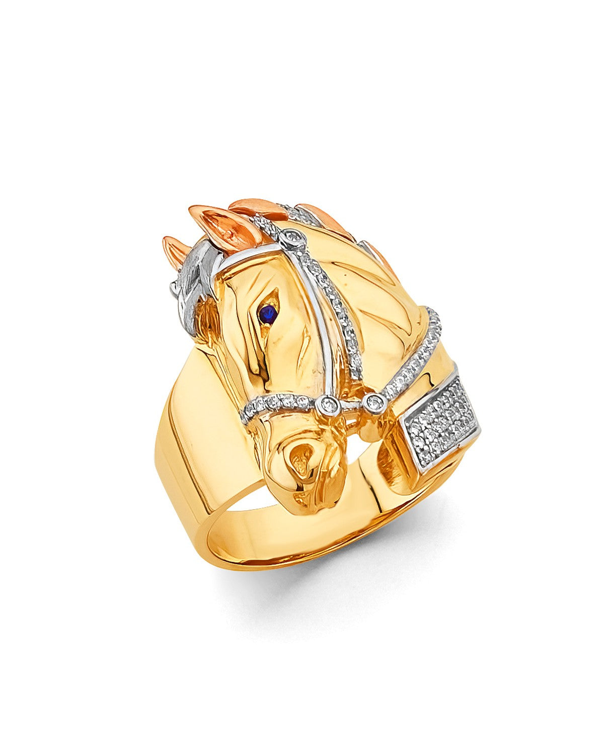 14K Tri-Color Gold 3C Horse Men's CZ Ring (RG-3082)