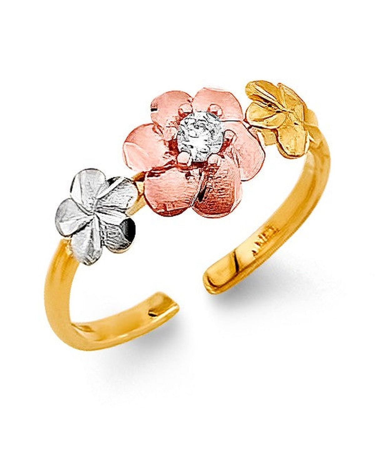 14K Tri-Color Gold 3C CZ Flower Toe Ring (RG-3264)