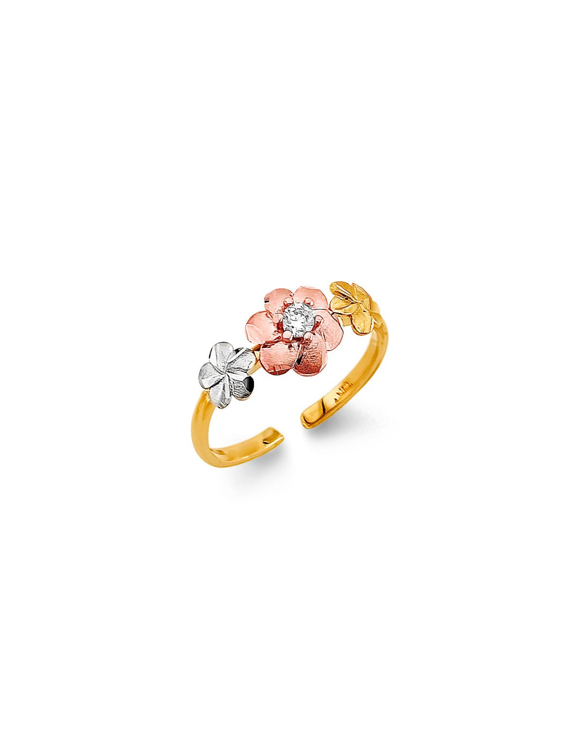 14K Tri-Color Gold 3C CZ Flower Toe Ring (RG-3264)