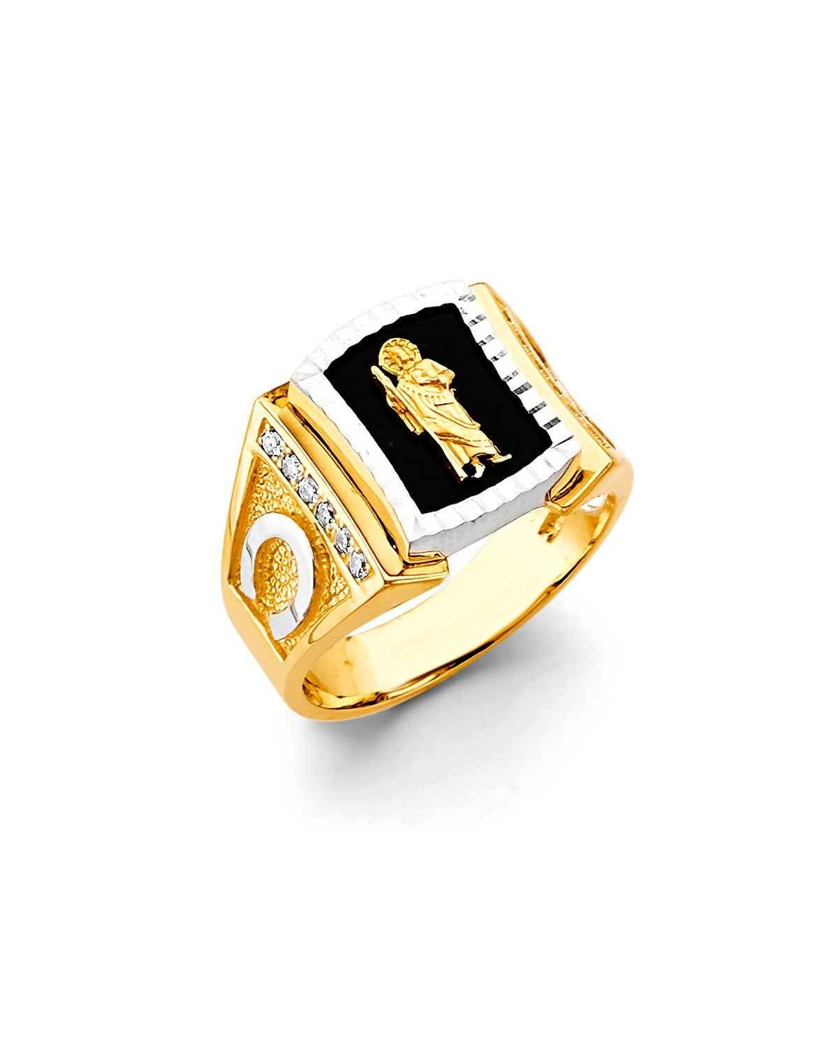 14K Two-Tone Gold 2T Onyx St. Jude Men's CZ Ring (RG-3365)