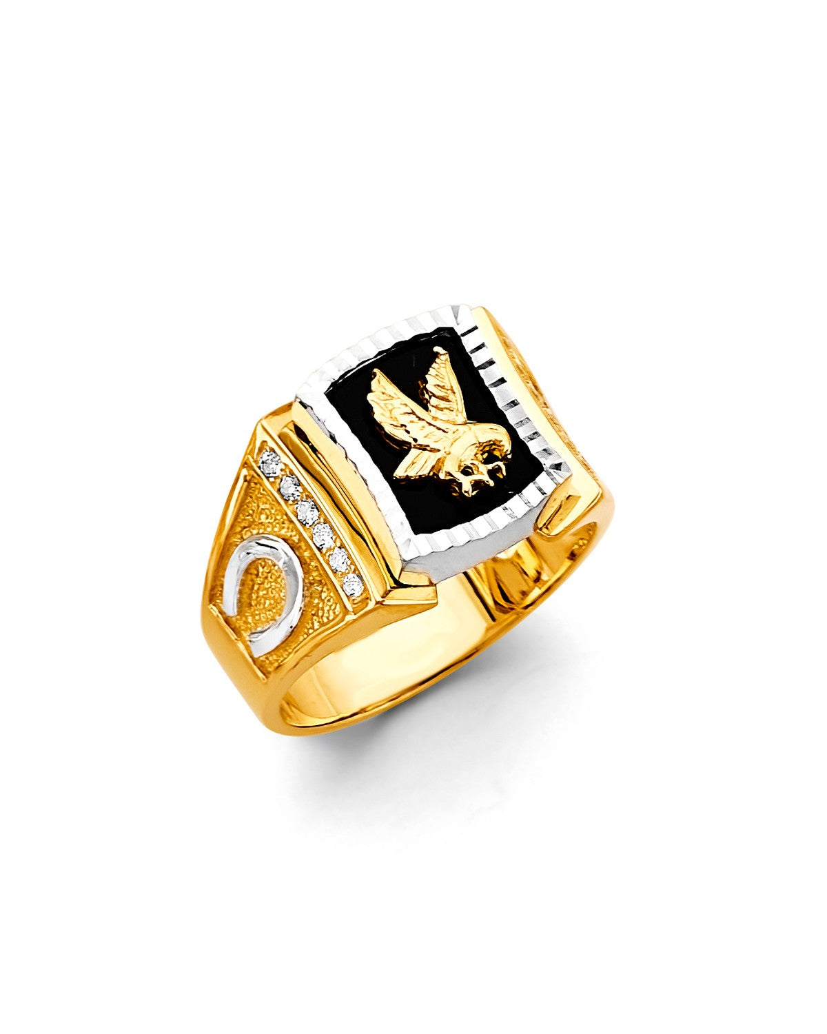 14K Two-Tone Gold 2T Onyx Eagle Men's CZ Ring (RG-3368)