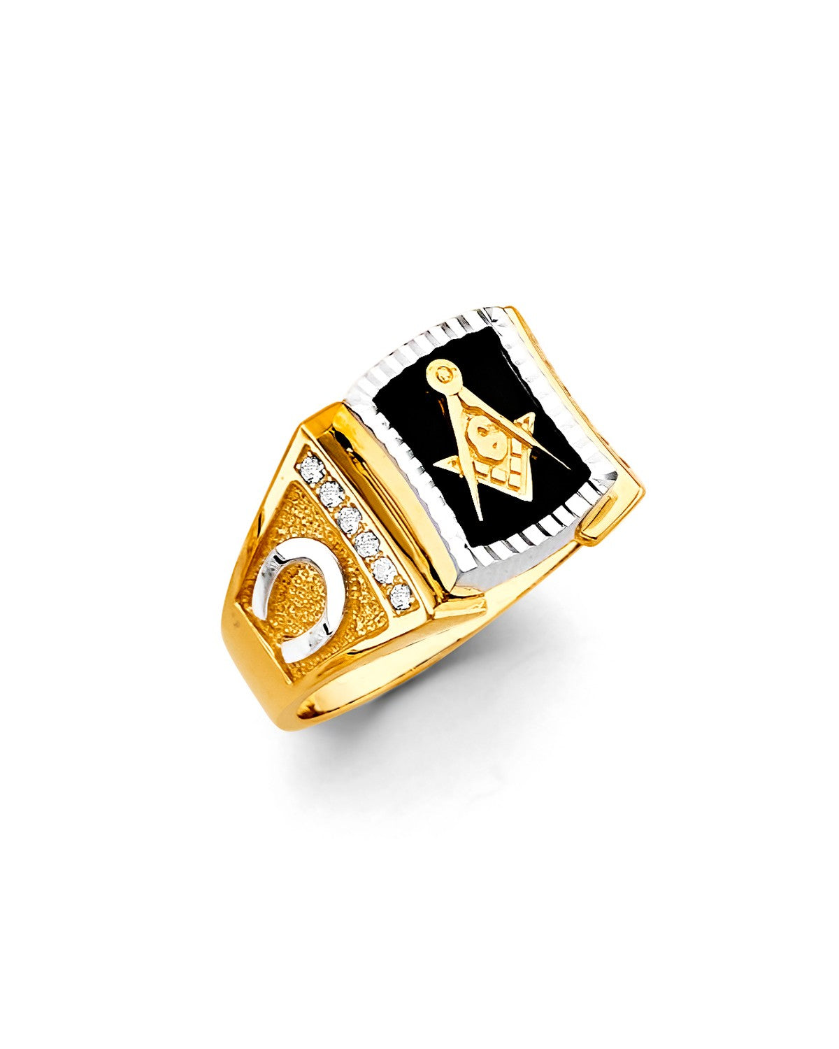 14K Two-Tone Gold 2T Onyx Masonic Men's CZ Ring (RG-3369)