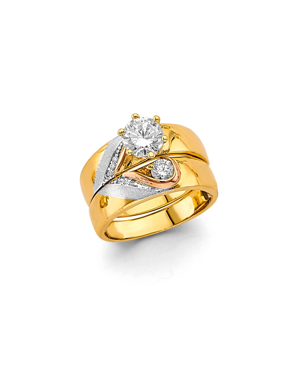 14K Two-Tone Gold 2T Ladies CZ Wedding Band/Trio Set (RG-3376)