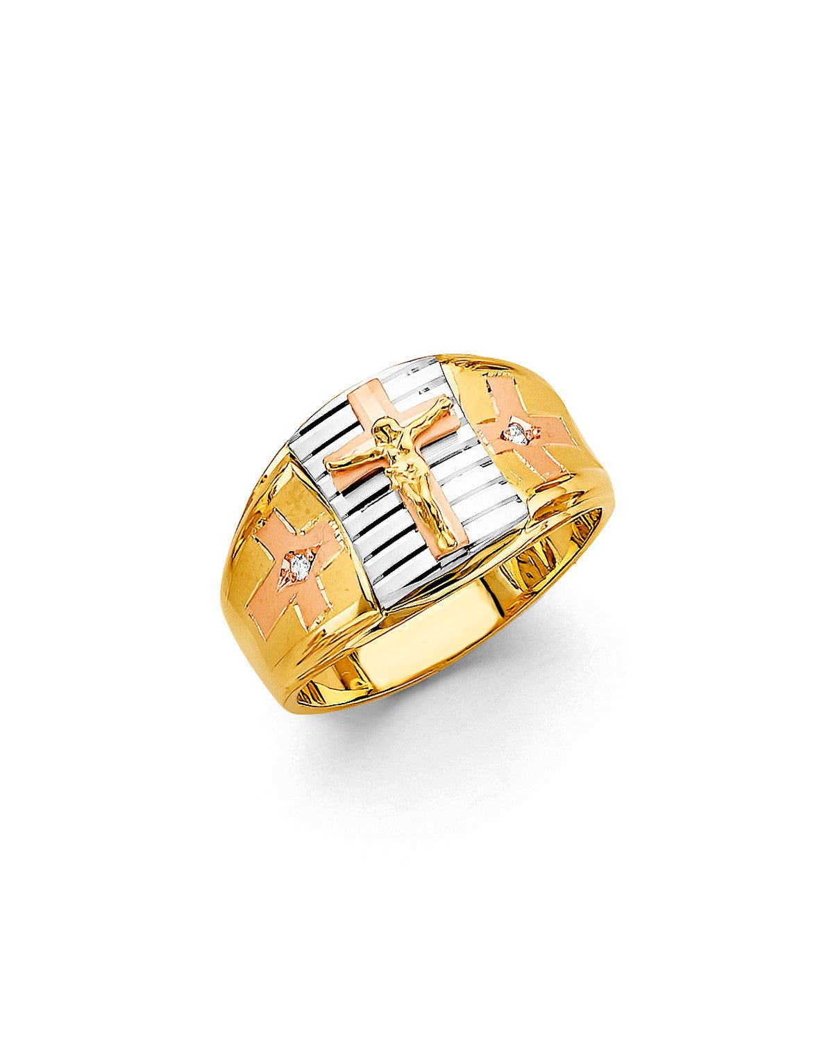 14K Tri-Color Gold 3C Cross Men's CZ Ring (RG-3506)