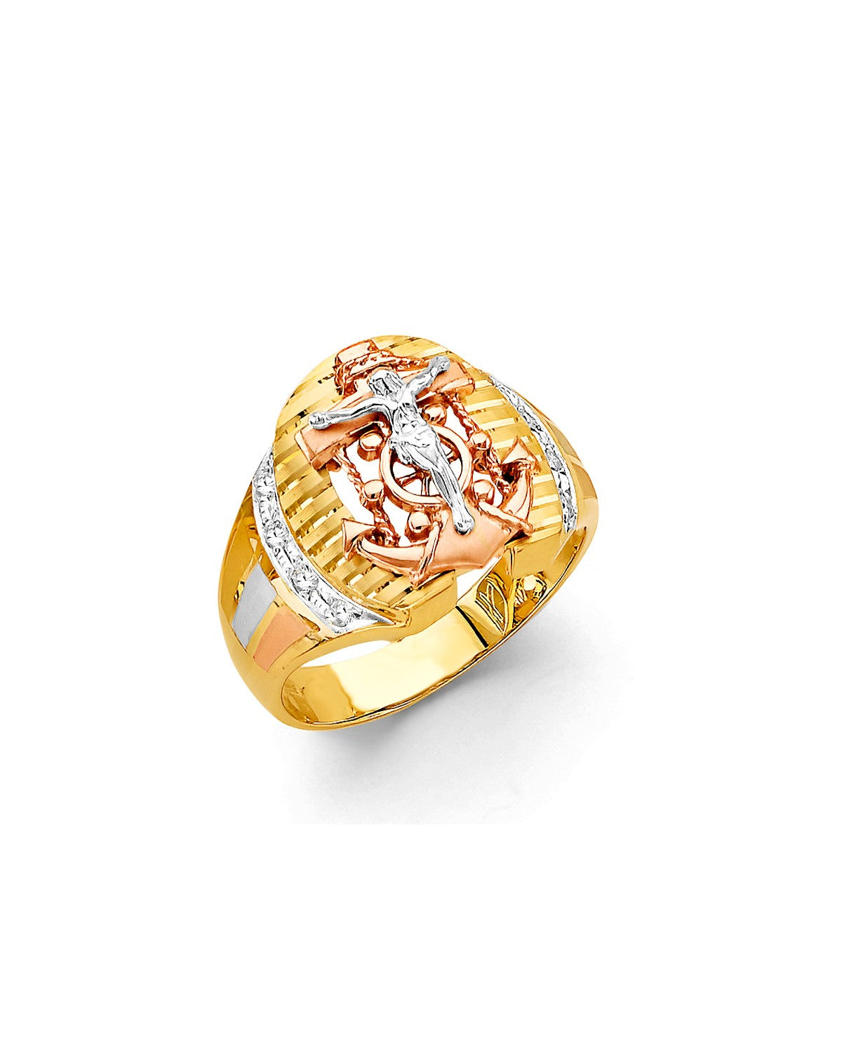 14K Tri-Color Gold 3C Anchor Men's CZ Ring (RG-3508)