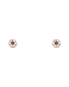 14K Yellow Gold Flower 6 Leaf CZ Screw Back Stud Earrings (JUL) (ST-0204-07)