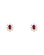 14K Yellow Gold Oval Flower Red CZ Stud Earrings (ST-0208)