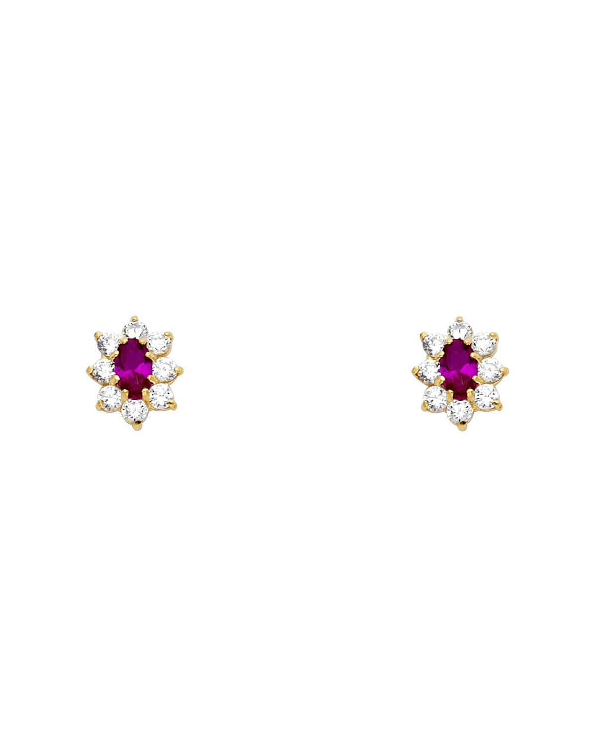 14K Yellow Gold Oval Flower Red CZ Stud Earrings (ST-0208)