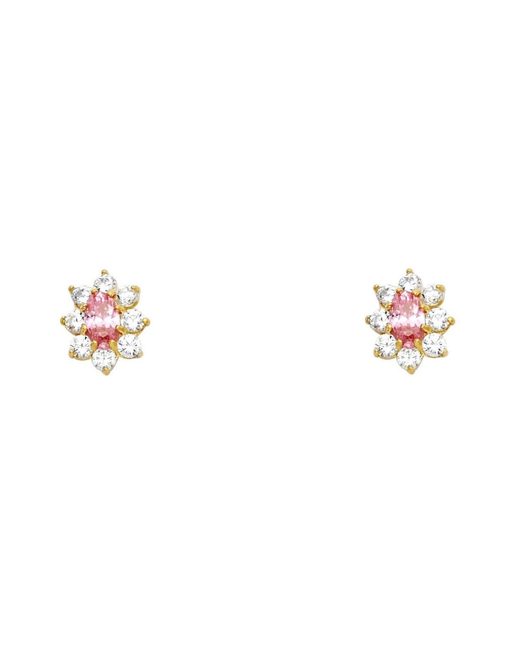 14K Yellow Gold Oval Flower Pink CZ Stud Earrings (ST-0211)