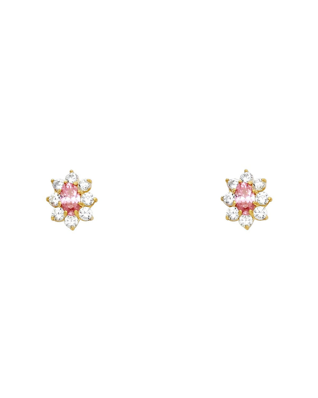 14K Yellow Gold Oval Flower Pink CZ Stud Earrings (ST-0211)