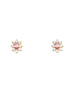 14K Yellow Gold Oval Flower Pink CZ Stud Earrings (ST-0211)
