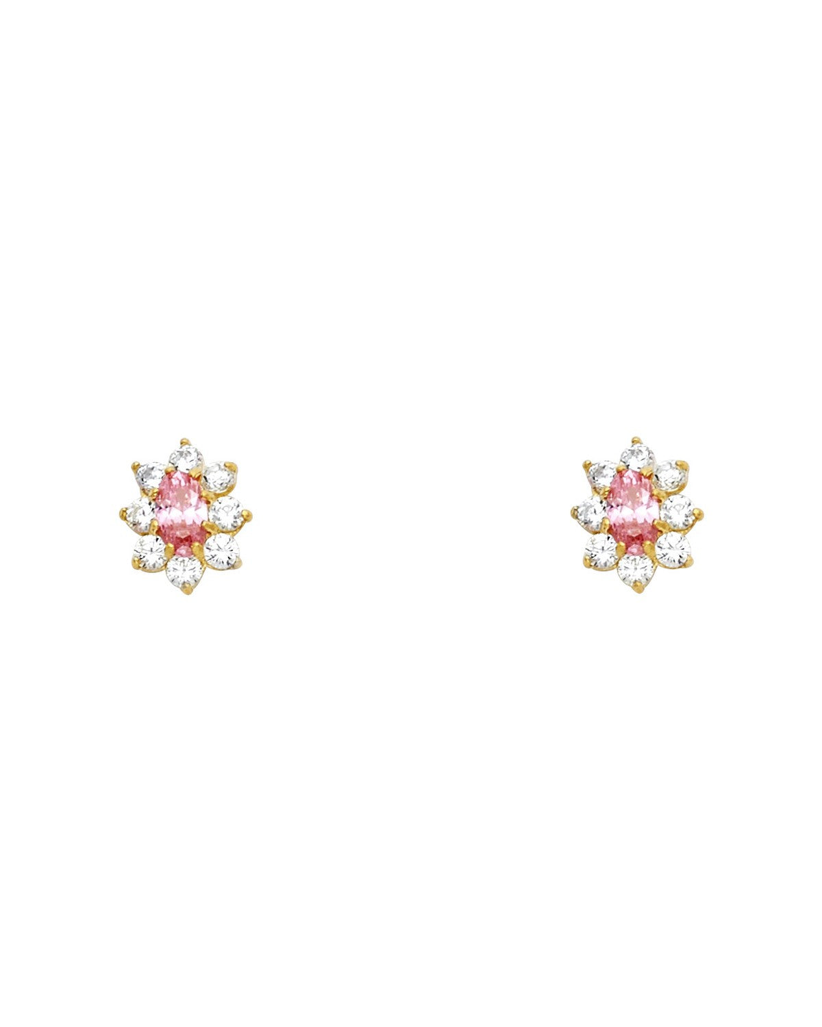 14K Yellow Gold Oval Flower Pink CZ Stud Earrings (ST-0211)
