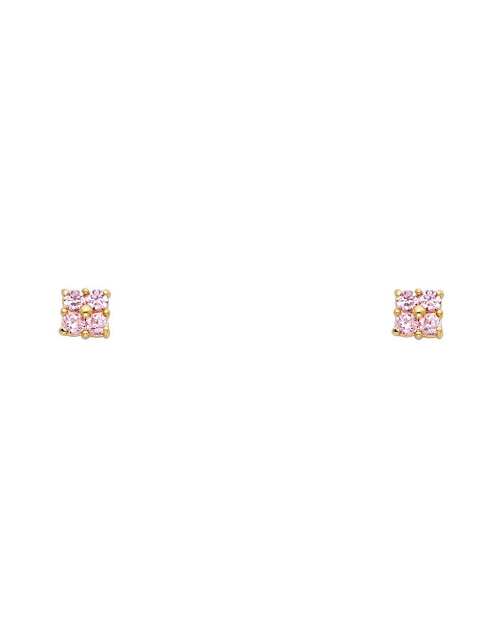 14K Yellow Gold Small 4 Leaf Flower Pink CZ Stud Earrings (ST-0216)