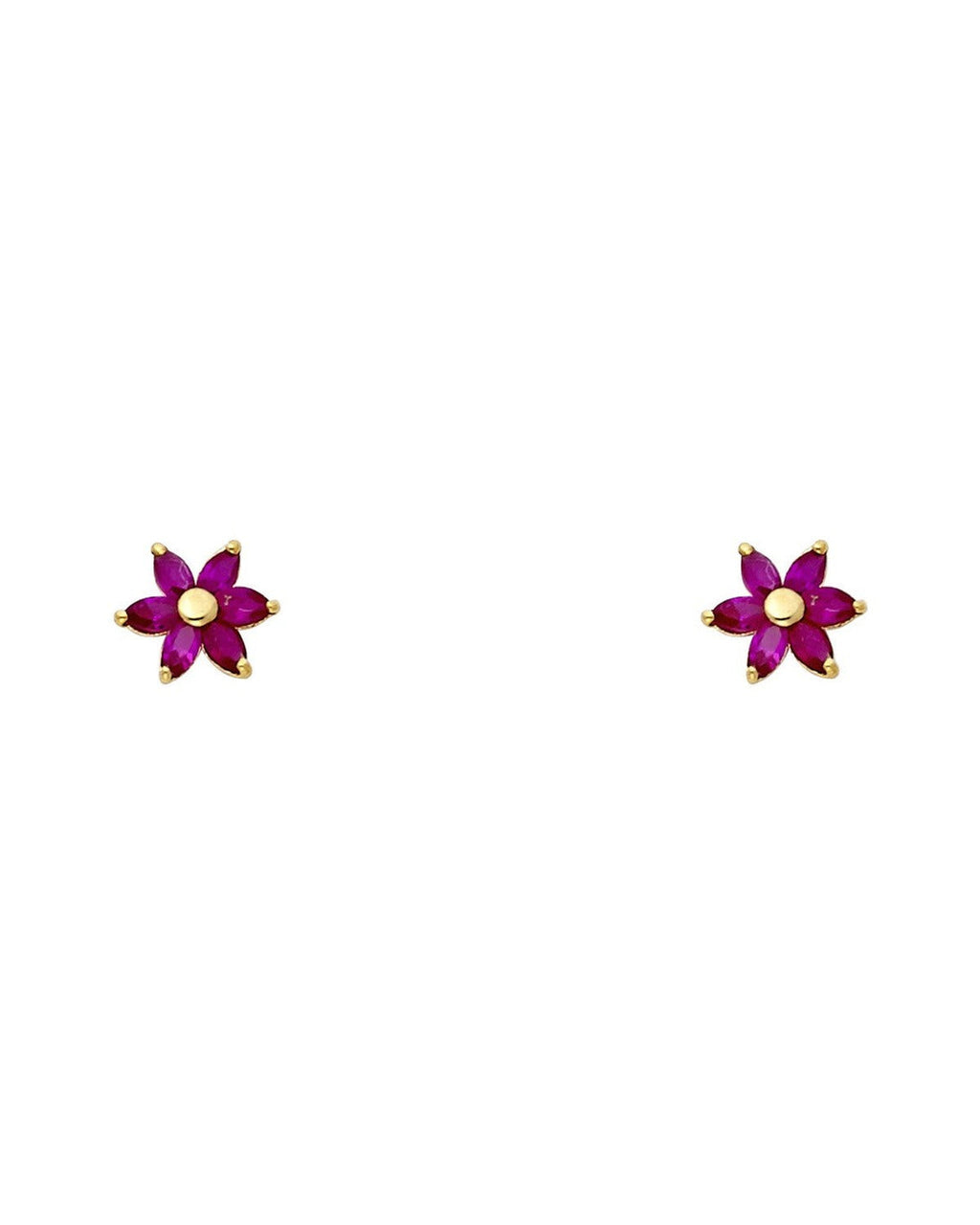 14K Yellow Gold Flower Red CZ Stud Earrings (ST-0234)