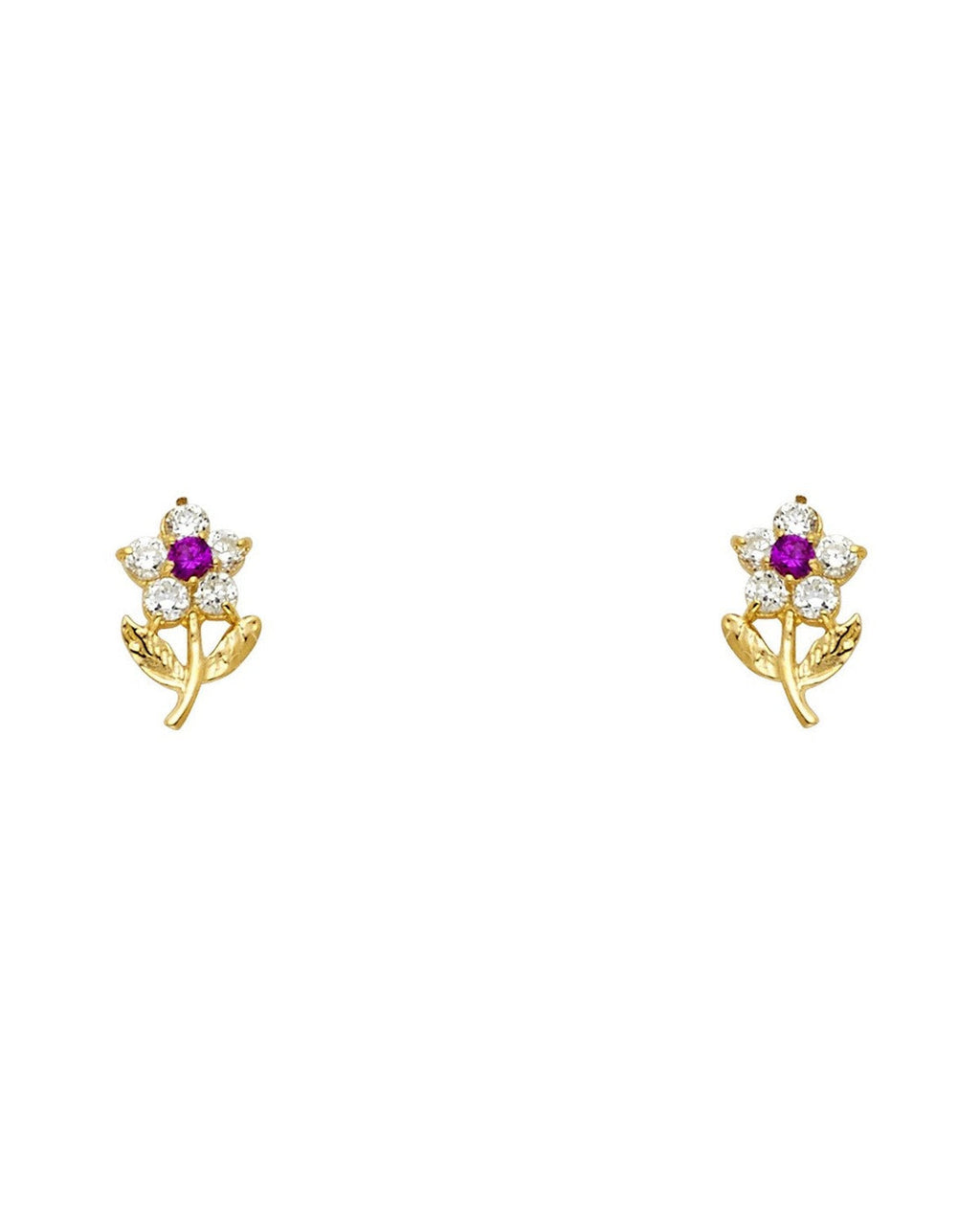 14K Yellow Gold Flower Red CZ Branch Stud Earrings (ST-0239)