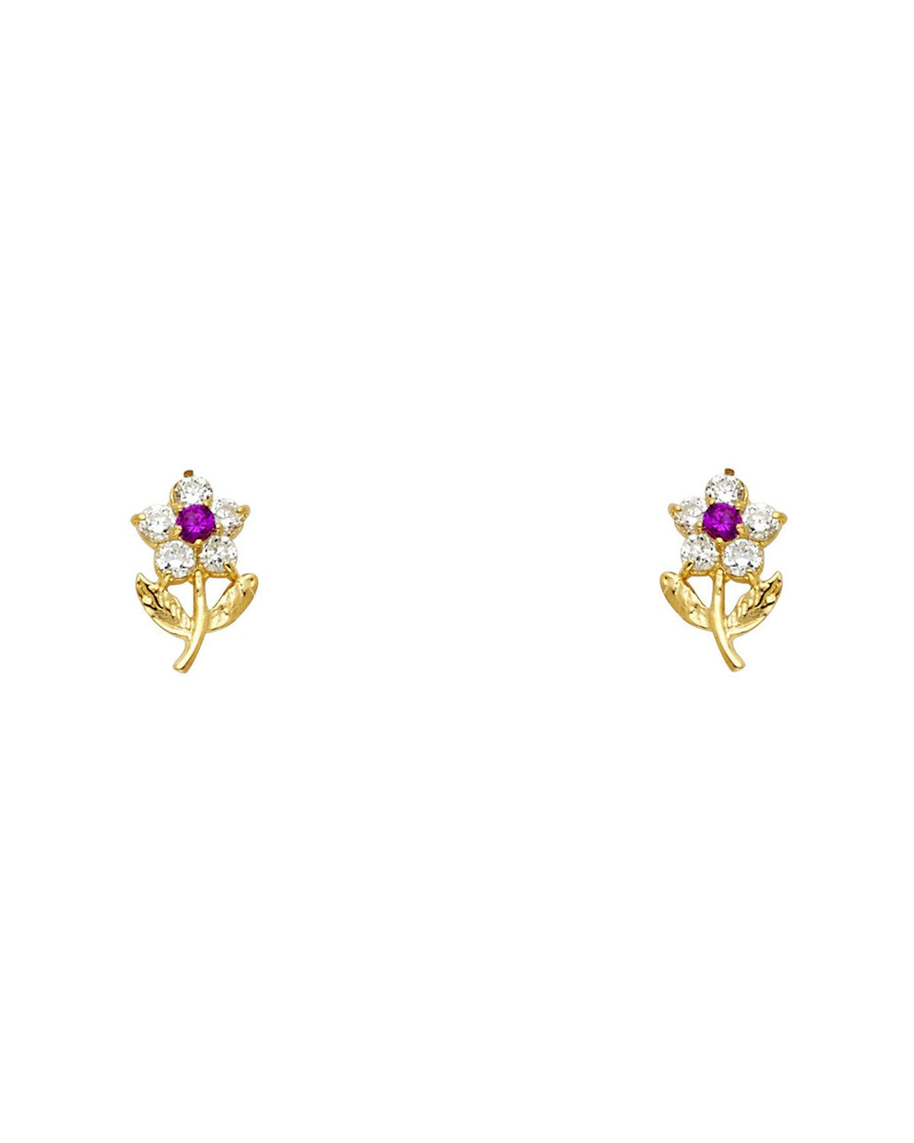 14K Yellow Gold Flower Red CZ Branch Stud Earrings (ST-0239)