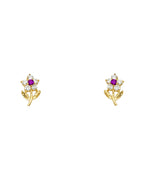 14K Yellow Gold Flower Red CZ Branch Stud Earrings (ST-0239)