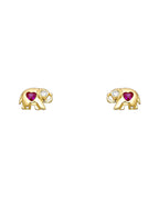14K Yellow Gold Elephant Red CZ Stud Earrings (ST-0274)