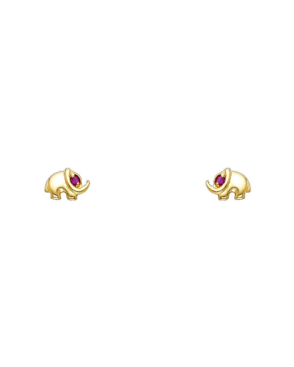 14K Yellow Gold Small Elephant Red CZ Stud Earrings (ST-0277)