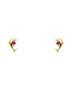 14K Yellow Gold Dolphin Red CZ Stud Earrings (ST-0281)