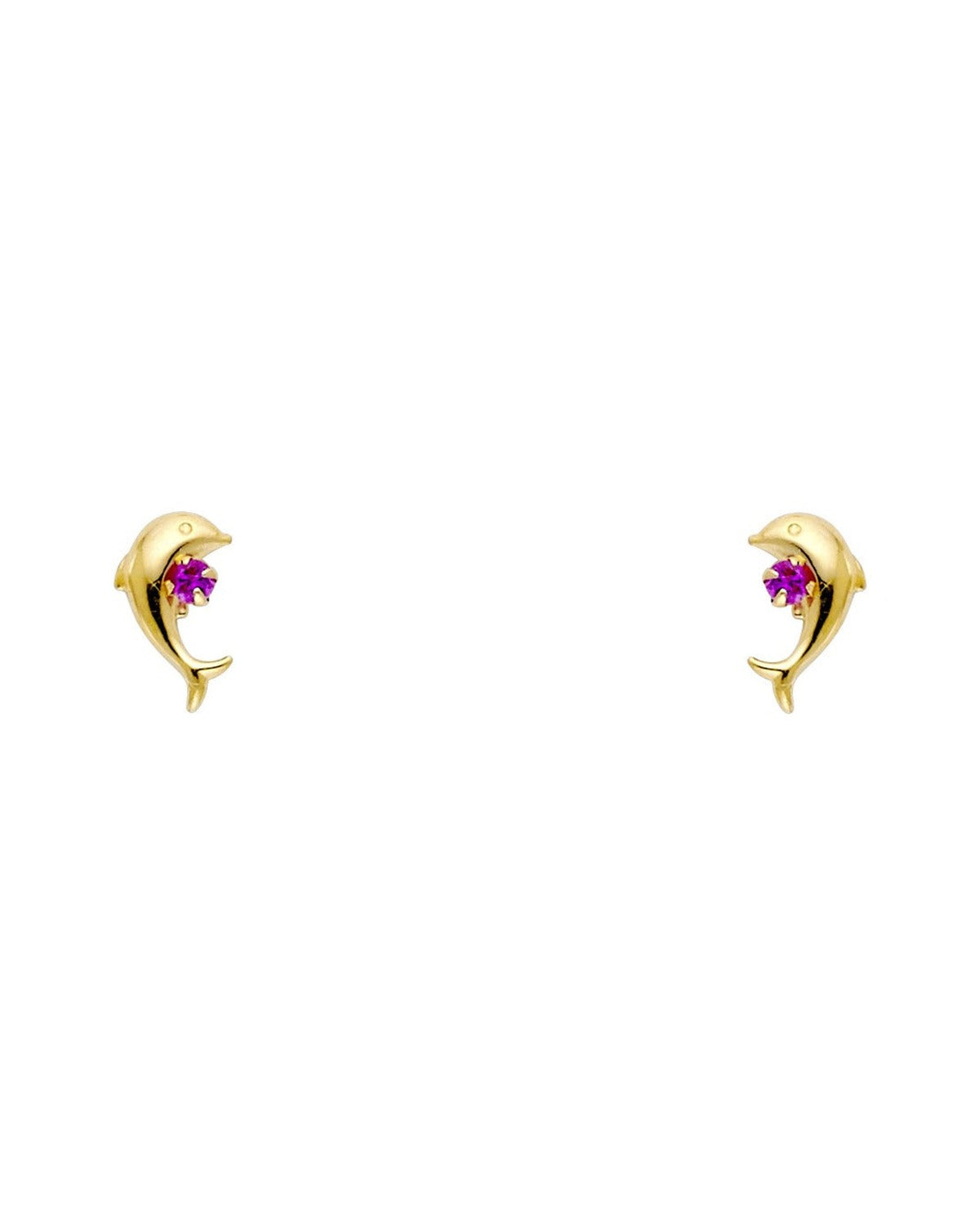 14K Yellow Gold Dolphin Red CZ Stud Earrings (ST-0281)