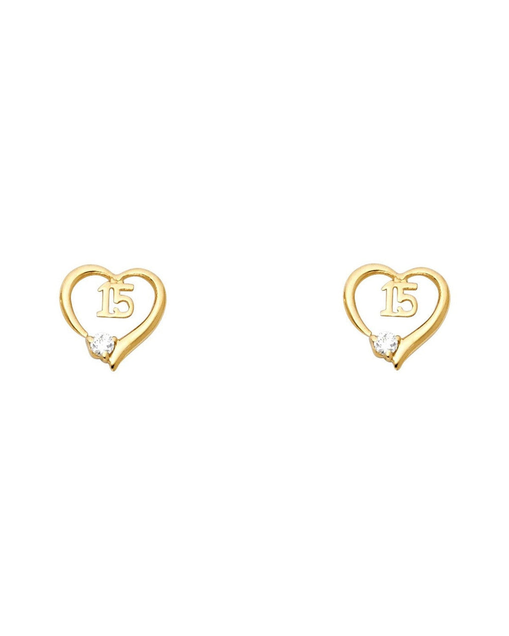 14K Yellow Gold 15 Year Heart CZ Stud Earrings (ST-0312)