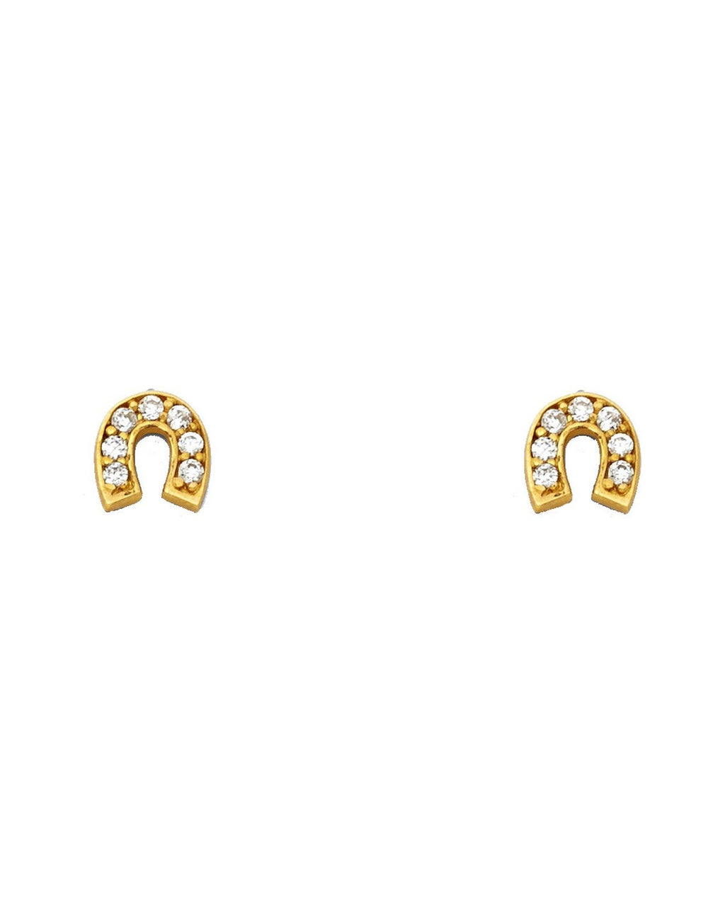 14K Yellow Gold Horse Shoe CZ Stud Earrings with Screw Back (ST-0647)