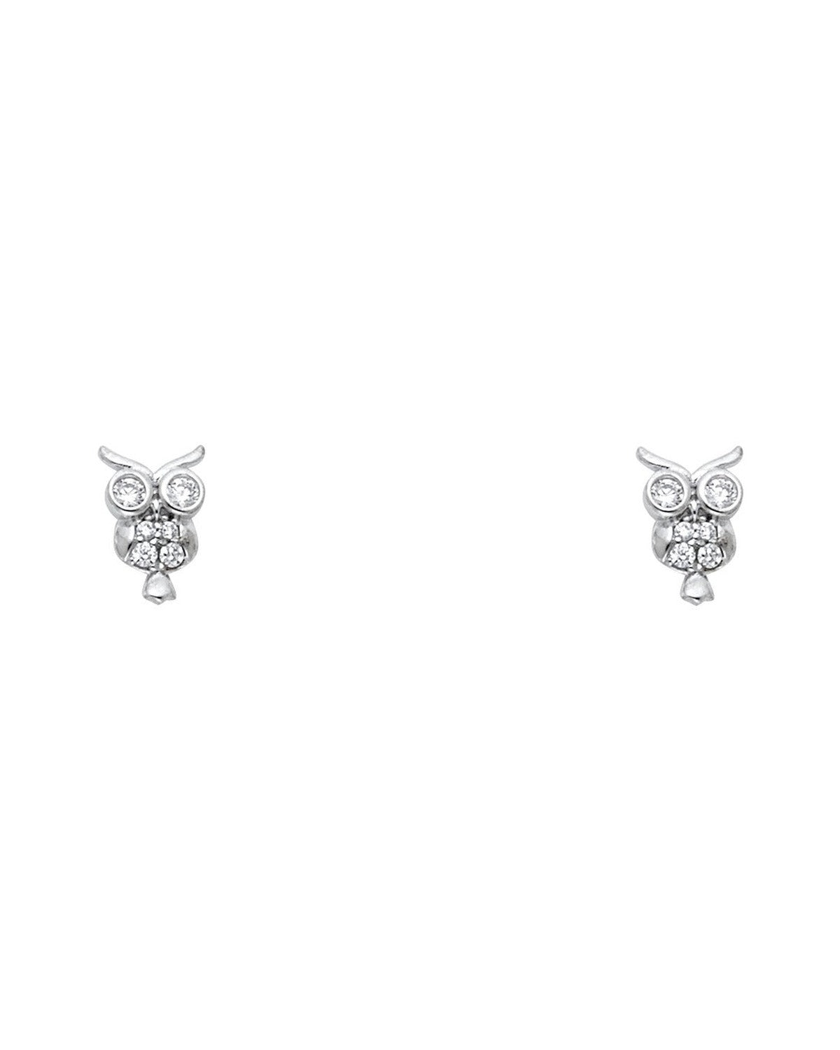 14K White Gold Owl CZ Stud Earrings with Screw Back (ST-0760)