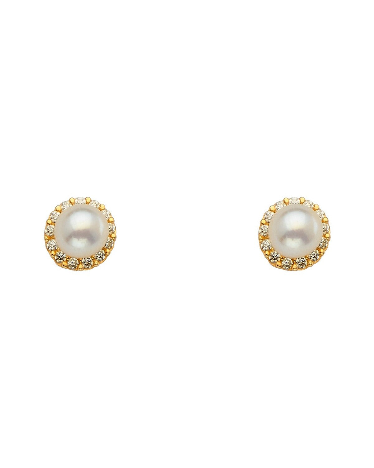 14K Yellow Gold Pearl+CZ Earrings with Screw Back (ST-0793)